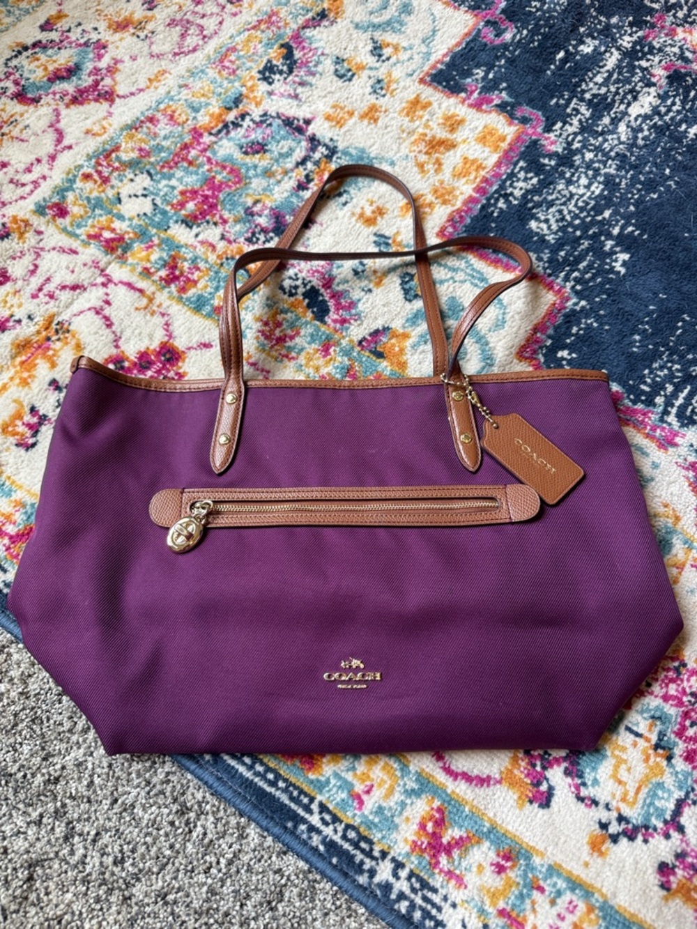 Coach Purple Canvas Tote with Brown Leather Accents and Gold Hardware